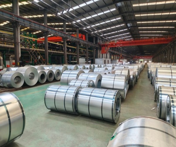 Galvanized steel coils in factory warehouse