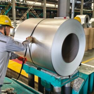 Worker processing steel coil in China manufacturing facility