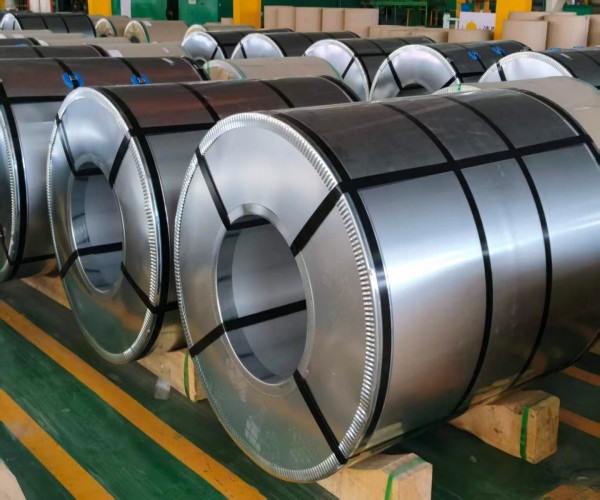 Galvanized steel coils stored in factory warehouse
